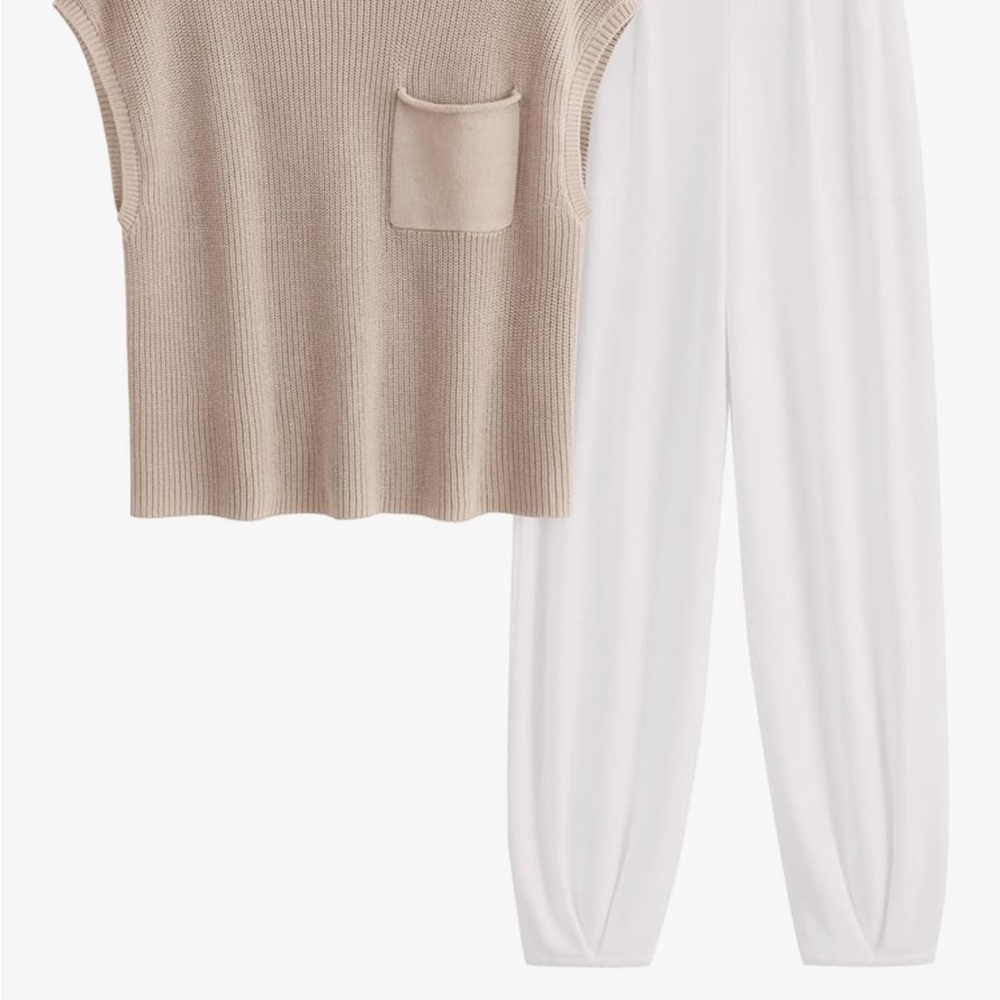 Beige Sleeveless Knit Top and Pants Set